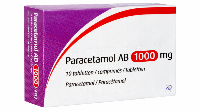 Boîte de comprimés antidouleur blanche et violette indiquant un dosage élevé, photographiée sur fond neutre.