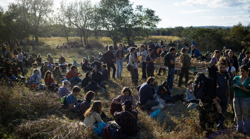 Groupe de personnes réunies dans un champ naturel, assises et debout en petits groupes, lors d’un rassemblement en plein air sous une lumière de fin de journée.