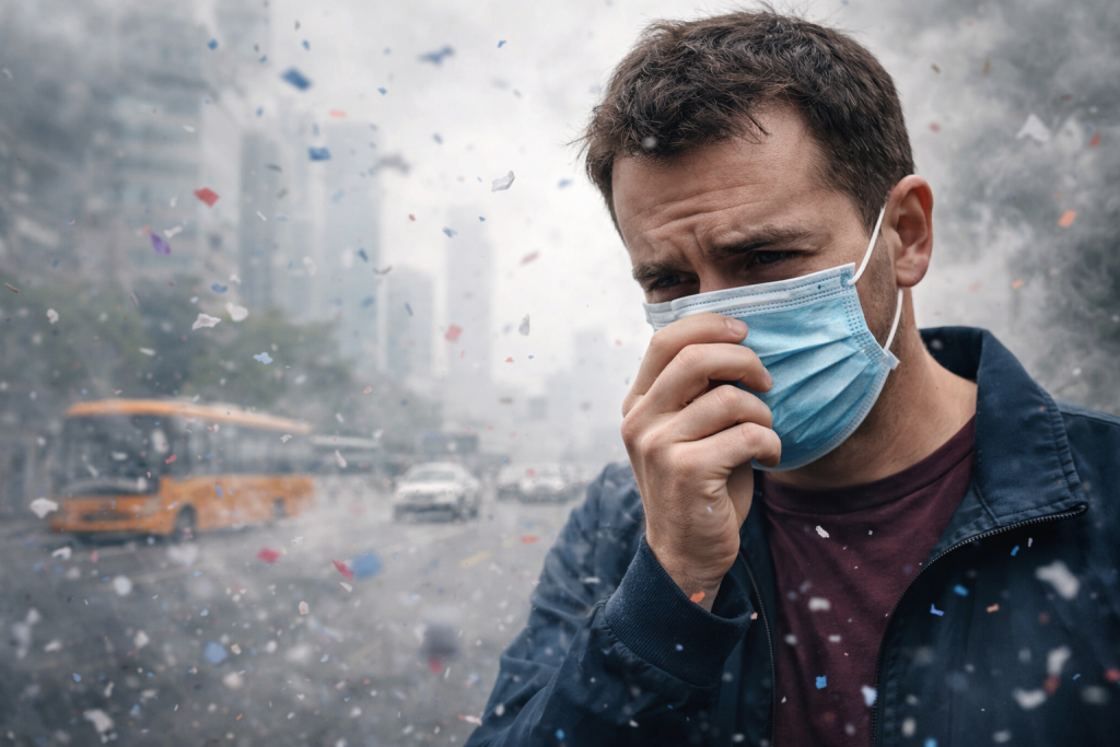 Homme portant un masque de protection respiratoire dans une rue urbaine polluée, avec de fines particules visibles dans l’air autour de lui.