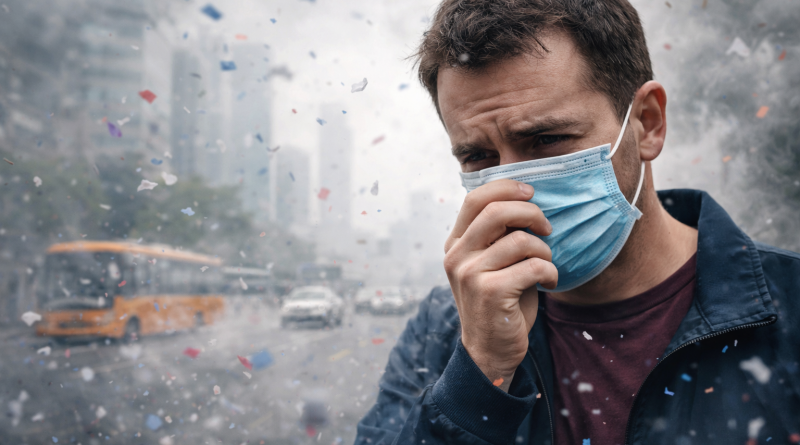 Homme portant un masque de protection respiratoire dans une rue urbaine polluée, avec de fines particules visibles dans l’air autour de lui.