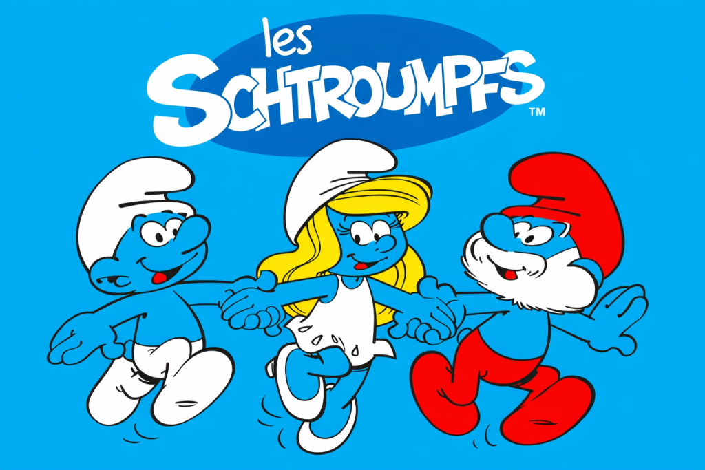 Personnages bleus de dessin animé se tenant par la main et sautant joyeusement sur un fond bleu vif, dans un style graphique coloré et enfantin.
