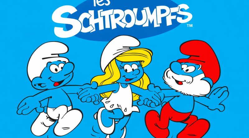 Personnages bleus de dessin animé se tenant par la main et sautant joyeusement sur un fond bleu vif, dans un style graphique coloré et enfantin.