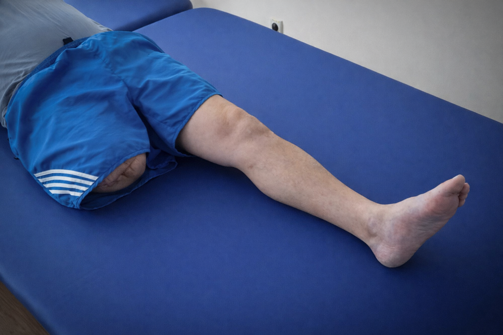Personne allongée sur une table médicale, avec une jambe amputée visible et l’autre étendue, dans un environnement clinique sobre.