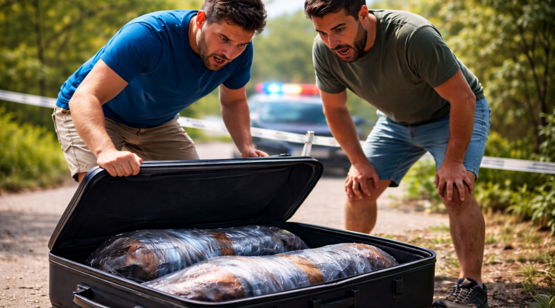 Valise ouverte en plein jour sur un chemin, laissant apparaître des formes enveloppées à l’intérieur, avec deux personnes choquées en arrière-plan et un périmètre de sécurité flouté.