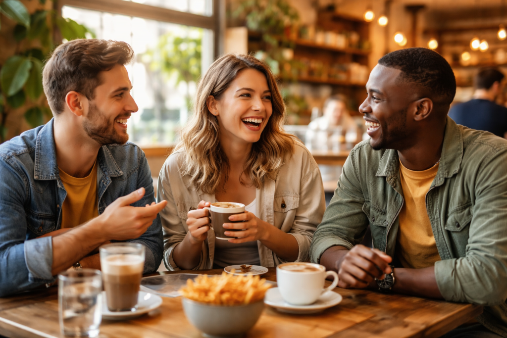 Groupe d’amis adultes réunis autour d’une table dans un lieu chaleureux, échangeant des sourires et une conversation détendue, illustrant le lien social et la convivialité du quotidien.