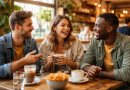 Groupe d’amis adultes réunis autour d’une table dans un lieu chaleureux, échangeant des sourires et une conversation détendue, illustrant le lien social et la convivialité du quotidien.