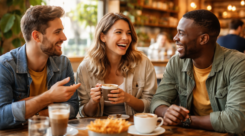 Groupe d’amis adultes réunis autour d’une table dans un lieu chaleureux, échangeant des sourires et une conversation détendue, illustrant le lien social et la convivialité du quotidien.