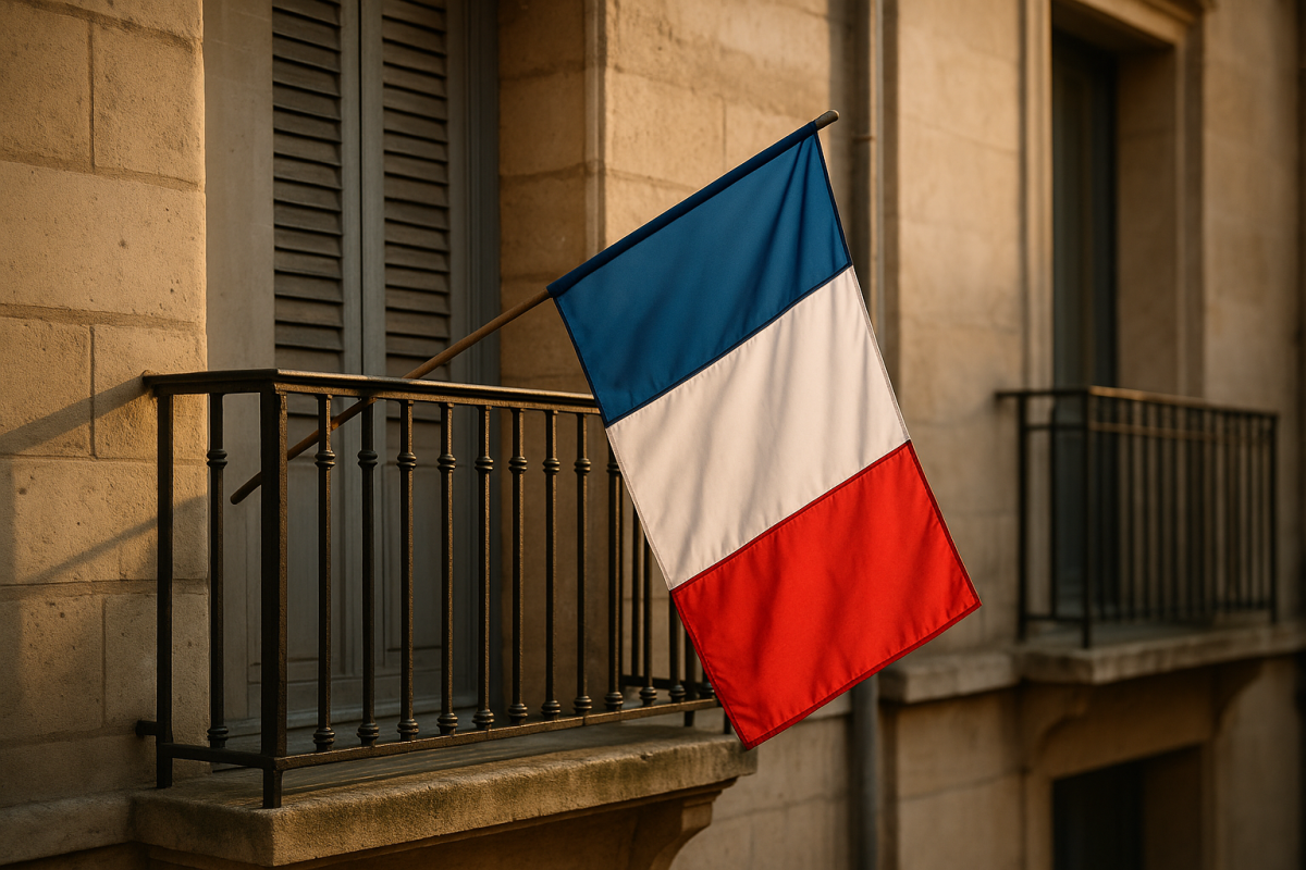 Drapeau tricolore accroché à un balcon en pierre, flottant calmement au vent, symbolisant l’attachement au pays dans un cadre du quotidien.