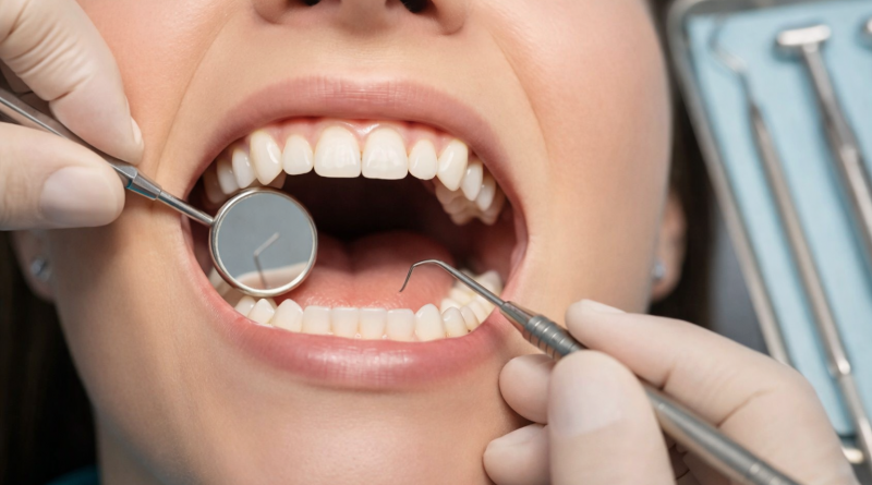 Bouche grande ouverte d’une patiente lors d’un soin dentaire, avec instruments médicaux manipulés par des mains gantées, mettant en scène un acte de soins potentiellement dangereux.