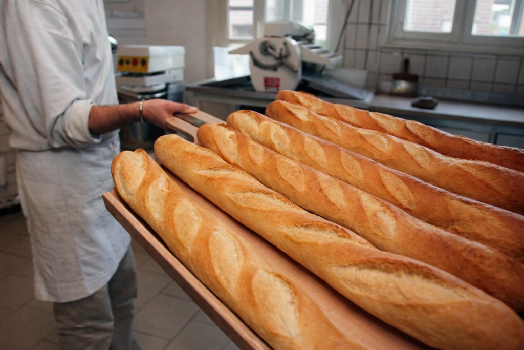 Baguettes de pain dorées et croustillantes alignées sur une pelle en bois, tout juste sorties du four dans une boulangerie artisanale.