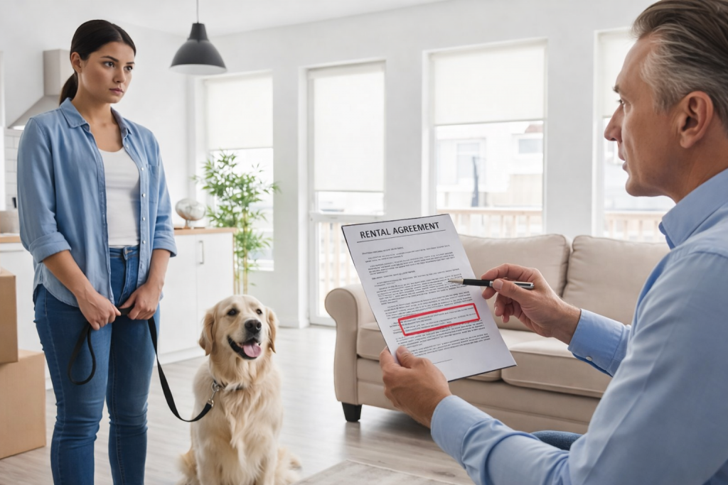 Locataire tenant un chien face à un propriétaire montrant un contrat de location dans un appartement lumineux, illustrant un désaccord autour de la présence d’un animal de compagnie.