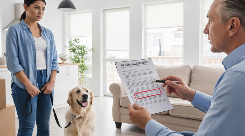Locataire tenant un chien face à un propriétaire montrant un contrat de location dans un appartement lumineux, illustrant un désaccord autour de la présence d’un animal de compagnie.