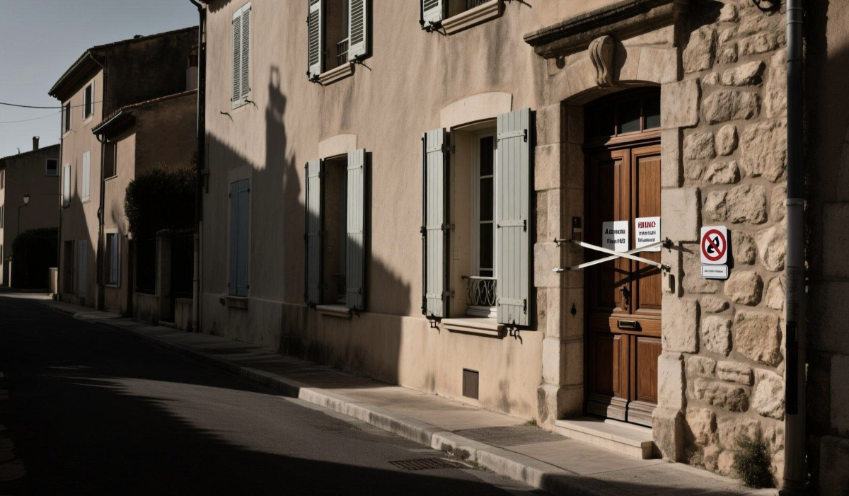 Façade d’une maison de village avec porte en bois scellée par des scellés officiels et panneaux d’interdiction, symbole d’une intrusion illégale stoppée par la justice.