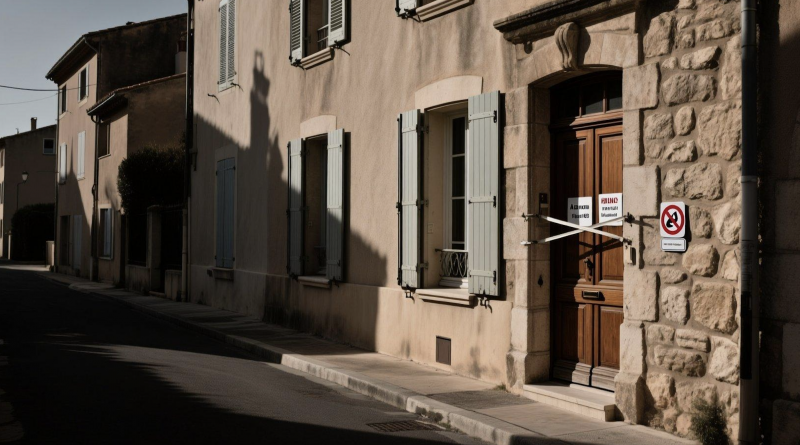 Façade d’une maison de village avec porte en bois scellée par des scellés officiels et panneaux d’interdiction, symbole d’une intrusion illégale stoppée par la justice.