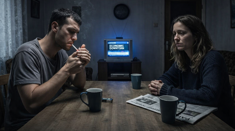 Homme et femme assis face à face à une table en bois, dans une pièce sombre, l’air préoccupé, avec une télévision allumée en arrière-plan diffusant une information anxiogène.