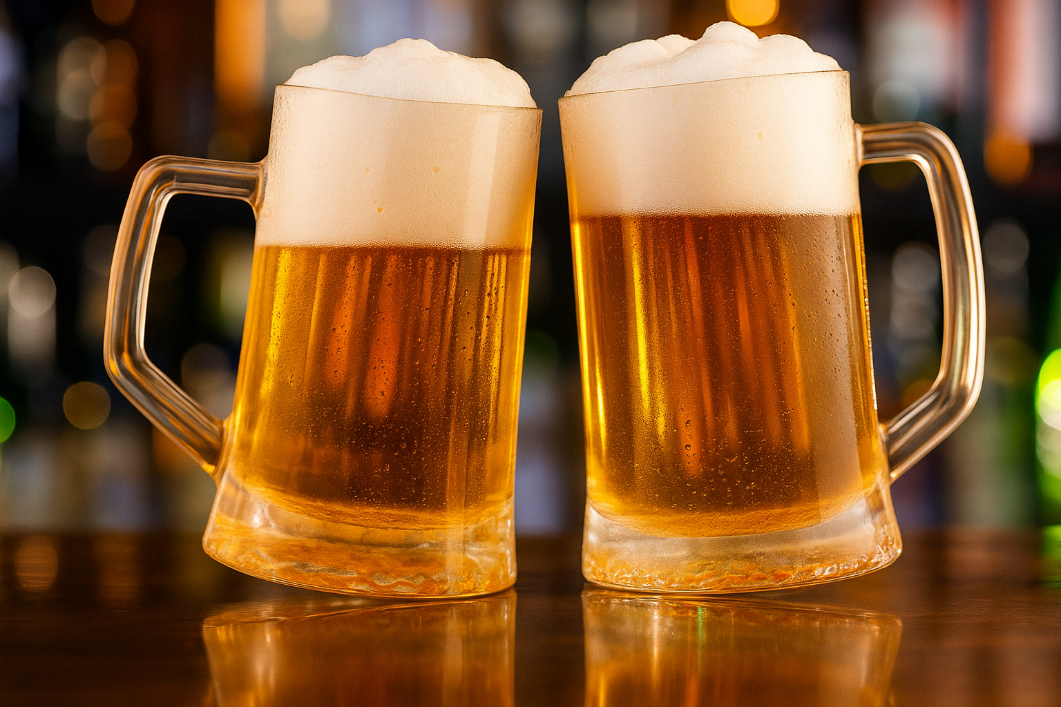 Deux chopes de bière blonde bien fraîches qui s’entrechoquent, avec mousse abondante, posées sur un comptoir de bar et éclairées par un fond flou lumineux.