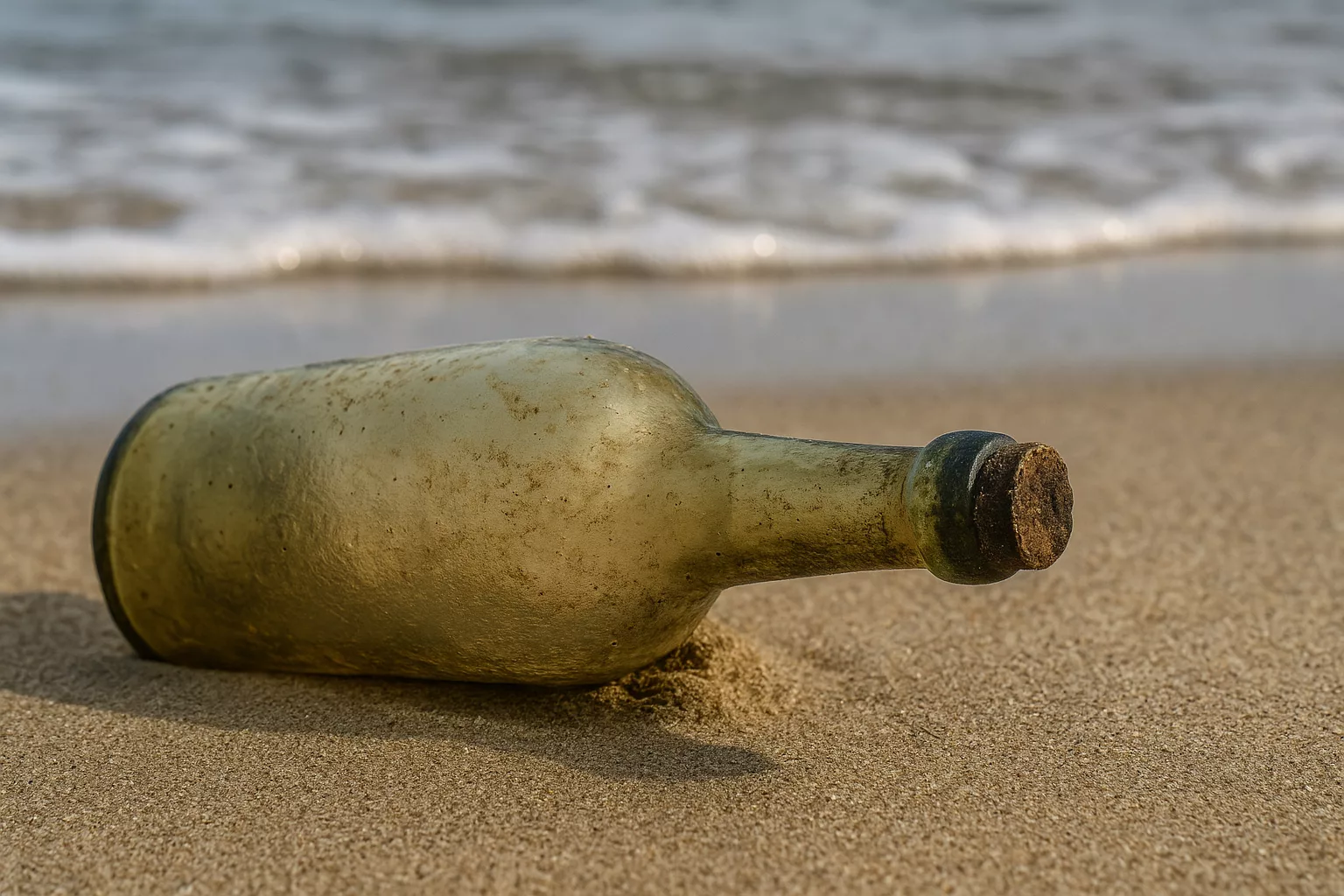 Bouteille ancienne en verre partiellement enterrée dans le sable d’une plage, avec la mer en arrière-plan, symbolisant une découverte historique après plus d’un siècle.