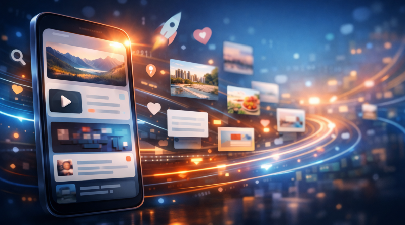 paysage numérique abstrait illustrant la découverte personnalisée de contenu sur un flux mobile