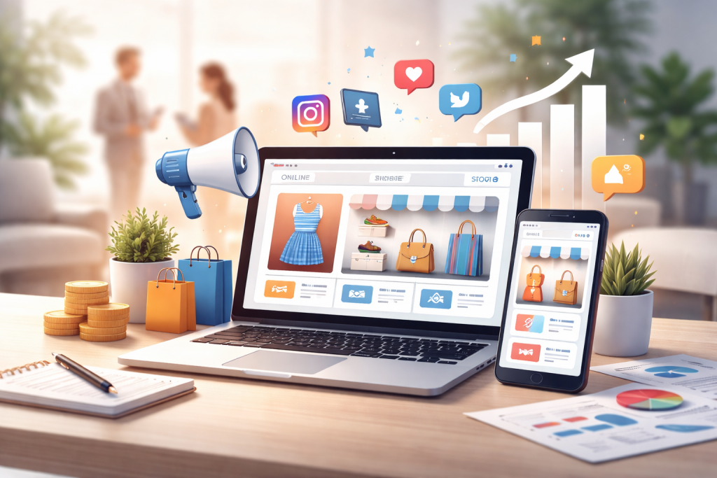 Ordinateur portable et smartphone affichant une boutique en ligne, entourés d’éléments symbolisant le marketing digital, la visibilité et la croissance des ventes.