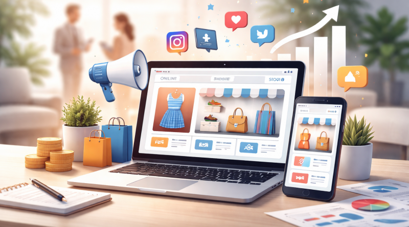 Ordinateur portable et smartphone affichant une boutique en ligne, entourés d’éléments symbolisant le marketing digital, la visibilité et la croissance des ventes.