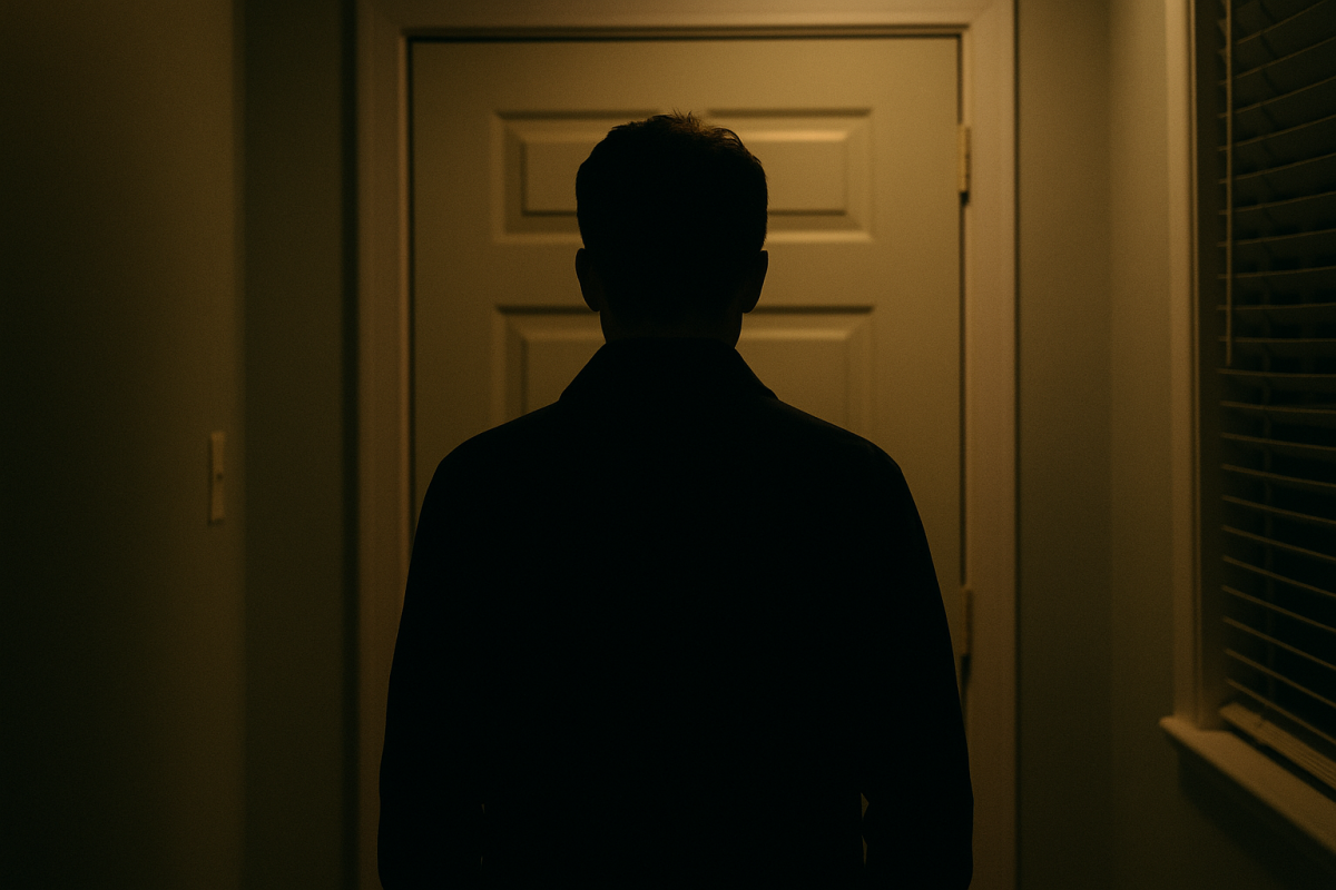Silhouette d’un homme debout dans un couloir sombre face à la porte de son appartement, illustrant une situation de squatteur.