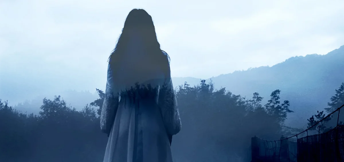 Silhouette féminine vêtue de blanc, vue de dos, immobile dans un paysage brumeux avec arbres et collines en arrière-plan