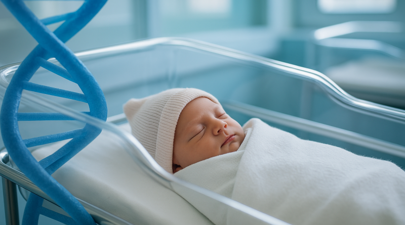 Nouveau-né endormi dans un berceau d’hôpital, enveloppé dans une couverture blanche, avec une structure d’ADN floutée au premier plan, illustrant l’histoire de deux femmes échangées à la naissance.
