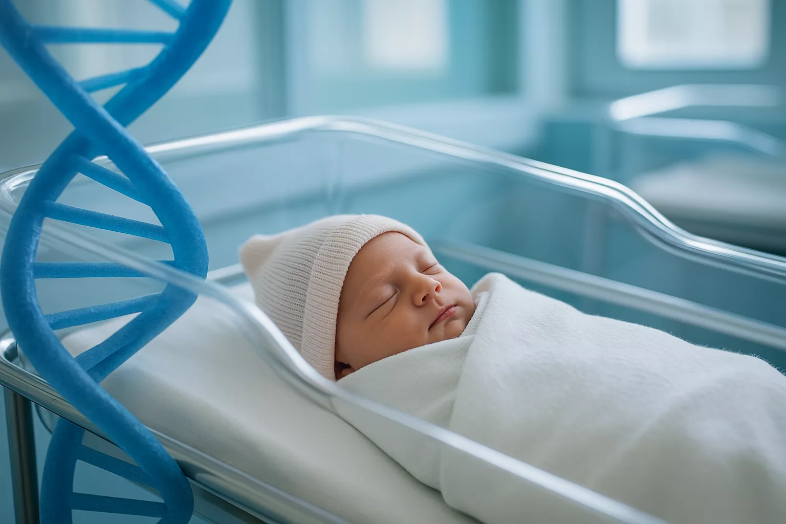 Nouveau-né endormi dans un berceau d’hôpital, enveloppé dans une couverture blanche, avec une structure d’ADN floutée au premier plan, illustrant l’histoire de deux femmes échangées à la naissance.