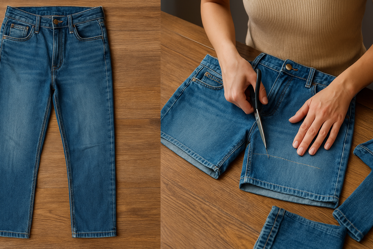 Transformation d’un vieux jean en short tendance, illustrant la technique d’upcycling thrift flip.