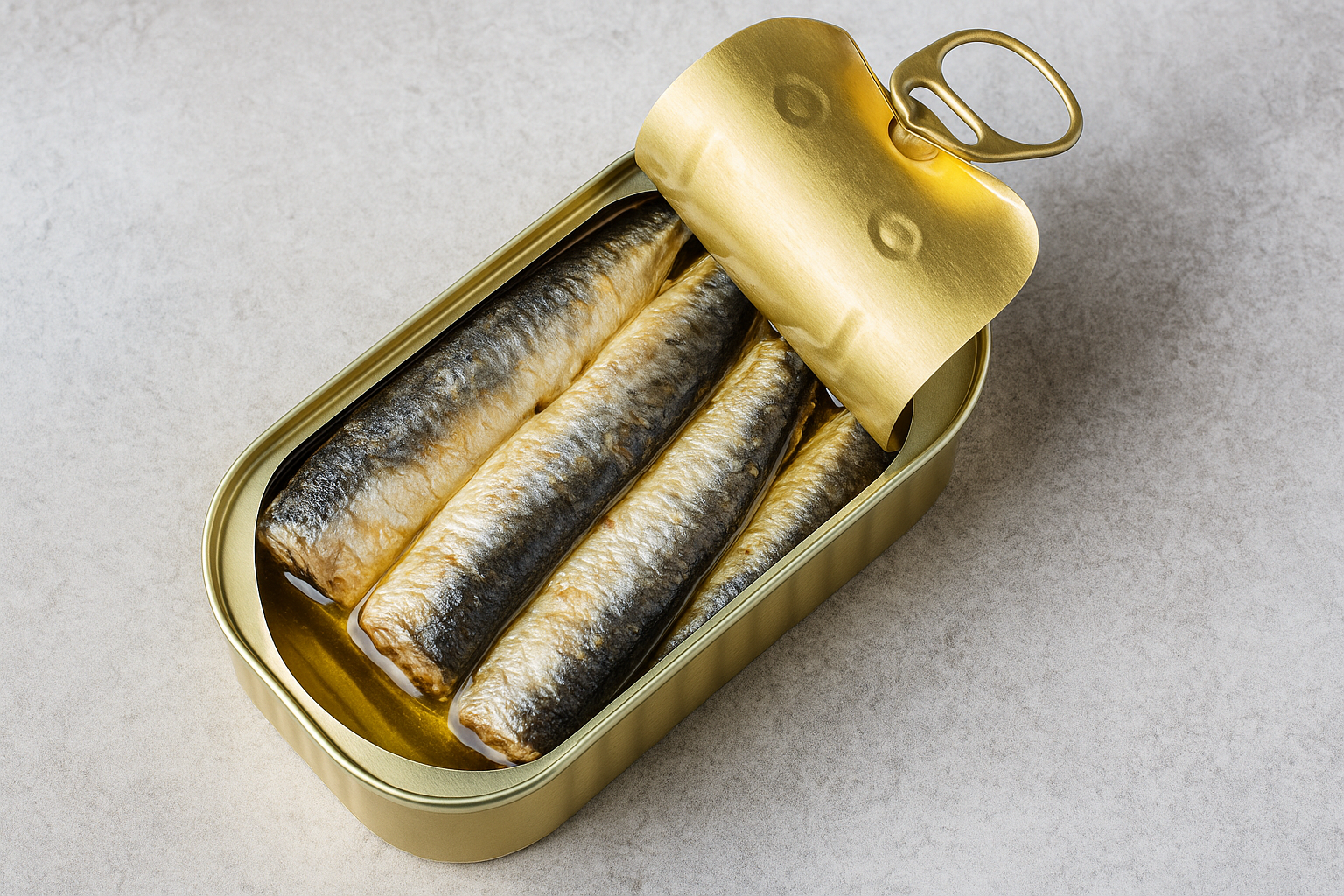 Boîte de sardines ouverte en gros plan, contenant plusieurs sardines entières immergées dans l’huile, photographiée au format paysage sur un fond clair.