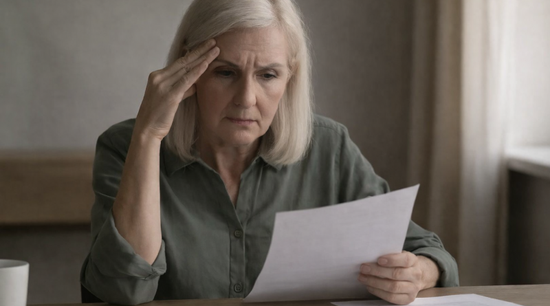 Femme aux cheveux gris assise à une table, lisant des documents avec une expression soucieuse dans un intérieur calme éclairé par la lumière du jour.