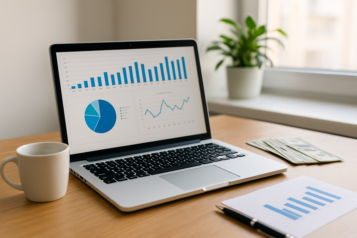 Ordinateur portable affichant des graphiques financiers sur un bureau, symbolisant les différentes façons d’obtenir des revenus complémentaires.