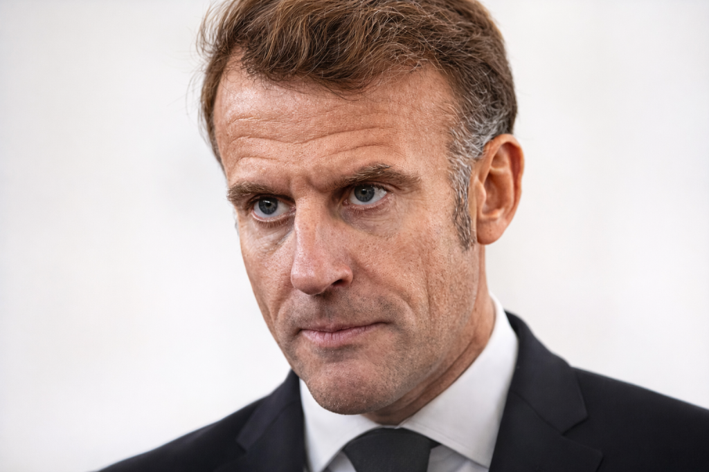 Portrait en gros plan d’un chef d’État français, costume sombre et regard sérieux, dans un cadre institutionnel.