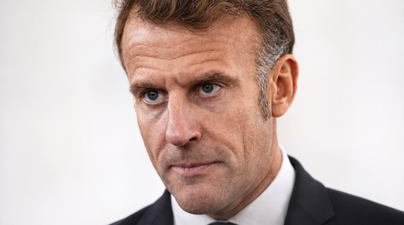 Portrait en gros plan d’un chef d’État français, costume sombre et regard sérieux, dans un cadre institutionnel.