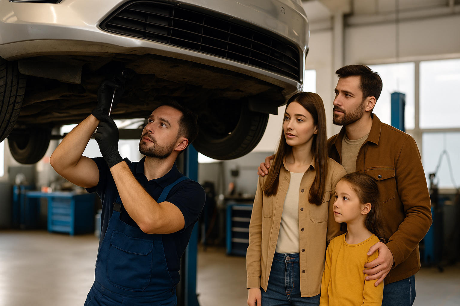 Famille observant un mécanicien en train de réparer une voiture dans un garage, illustrant l’aide financière de la CAF pour les réparations automobiles.