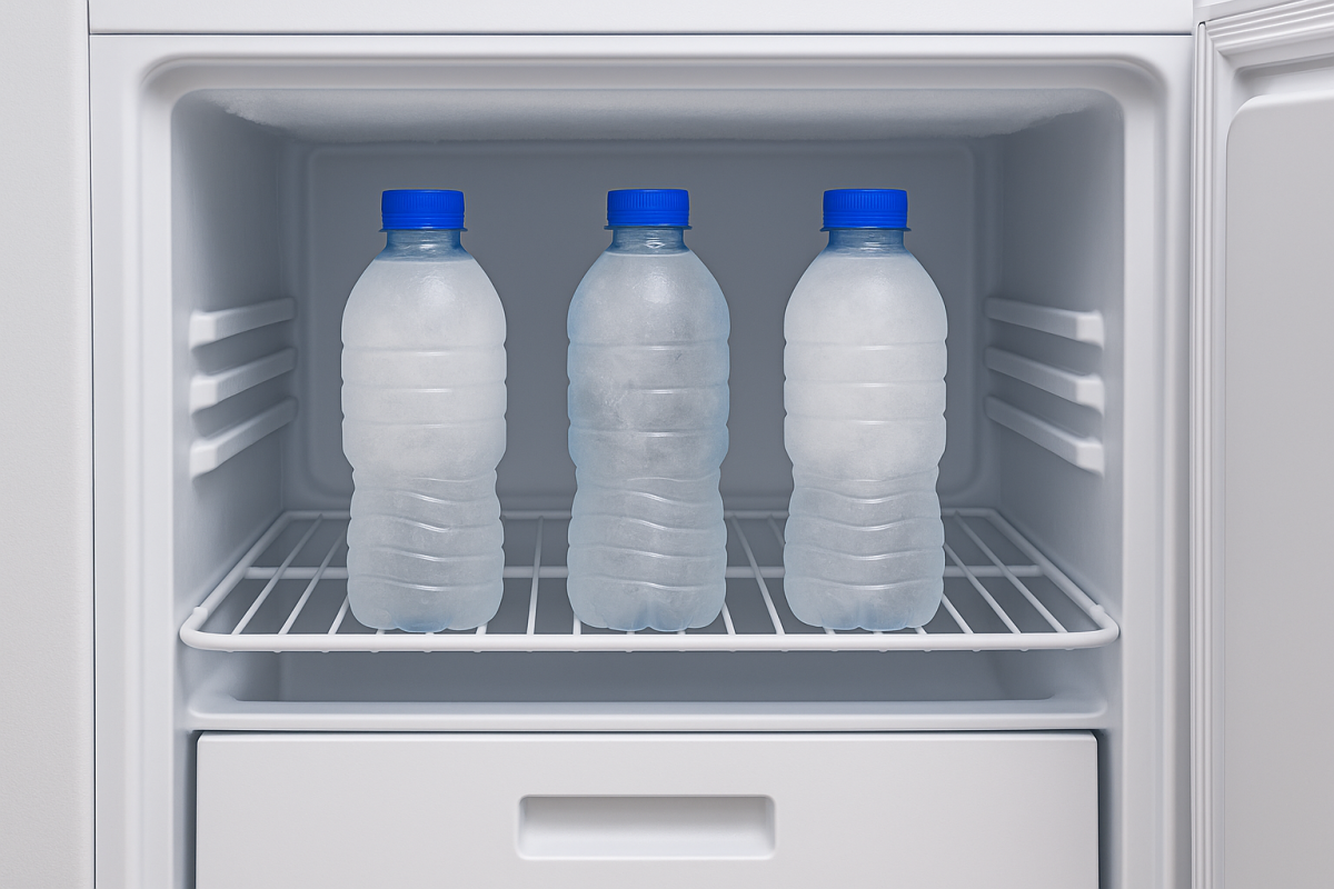 Congélateur ouvert rempli de bouteilles d’eau congelée pour optimiser la consommation d’énergie.