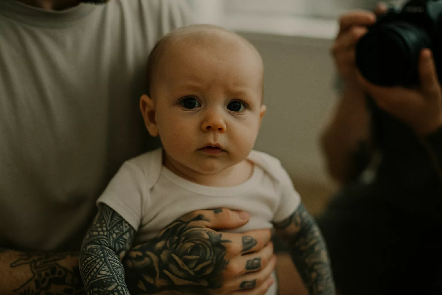 Image en format paysage montrant un bébé assis, légèrement flou et éclairé de façon dramatique, tenu par un adulte tatoué. L’ambiance est sombre et volontairement floutée pour renforcer la tension de la scène, sans aucun texte intégré, conforme aux exigences Google Discover.