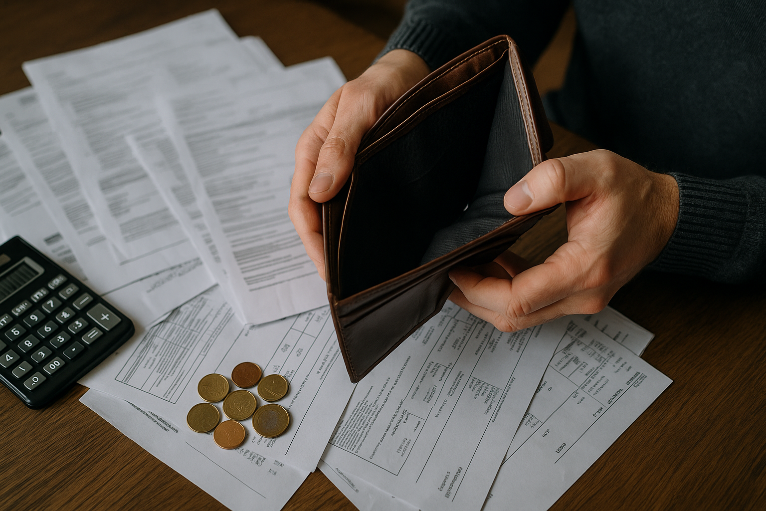 Un portefeuille vide tenu entre les mains d’une personne, posé au-dessus de factures et de pièces de monnaie, symbolisant une situation financière difficile.