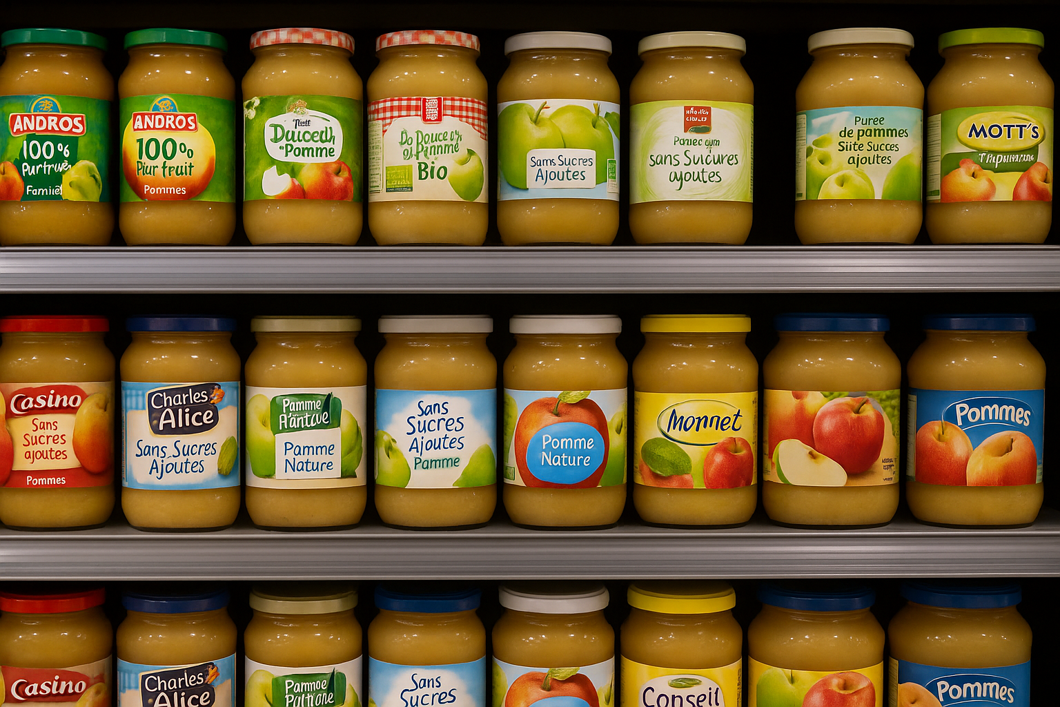 Gros plan d’un rayon de compotes en supermarché avec différentes marques et étiquettes visibles