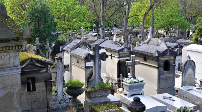 Allée de cimetière ancien avec tombes en pierre et croix funéraires entourées d’arbres verdoyants au printemps