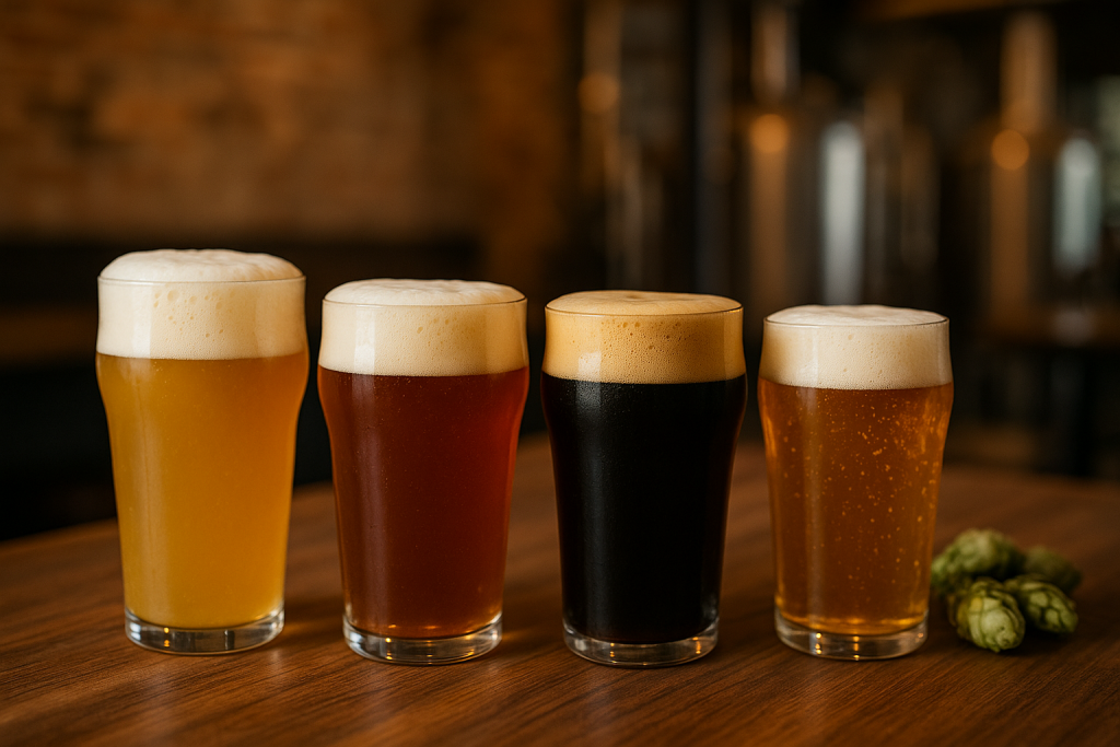 Quatre verres de bières artisanales aux couleurs différentes posés sur un comptoir en bois, avec une brasserie floutée en arrière-plan.
