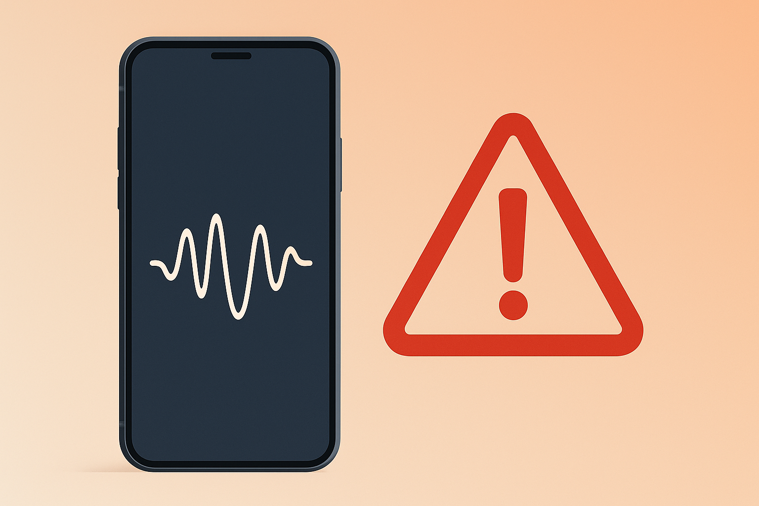 Smartphone affichant une onde audio sur l’écran, accompagné d’un triangle d’avertissement rouge, symbolisant le risque d’arnaque et de piège lié au démarchage téléphonique.