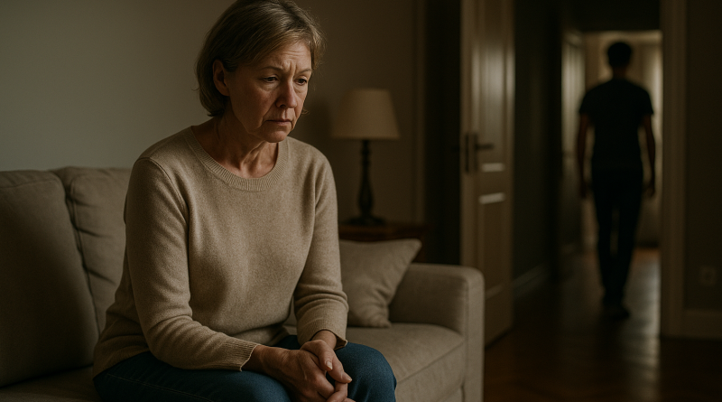Scène neutre, émotionnelle, représentant la distance : un parent assis seul dans un salon, lumière douce, porte entrouverte au fond, ambiance mélancolique.