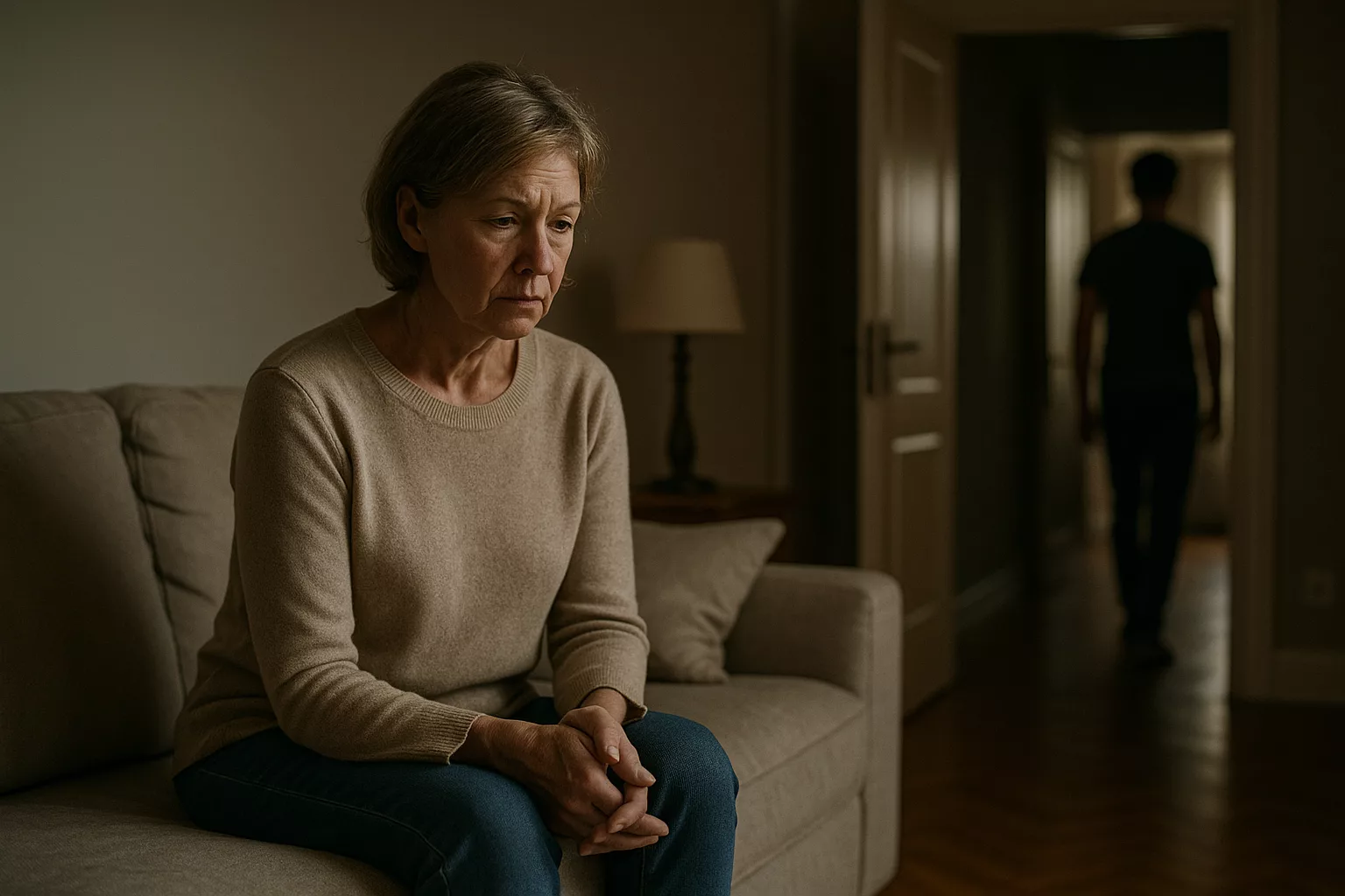 Scène neutre, émotionnelle, représentant la distance : un parent assis seul dans un salon, lumière douce, porte entrouverte au fond, ambiance mélancolique.