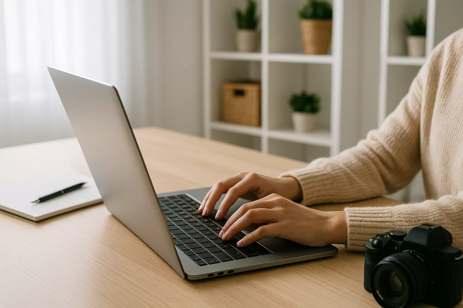 Personne utilisant un ordinateur portable pour travailler en freelance depuis chez elle, ambiance lumineuse et moderne