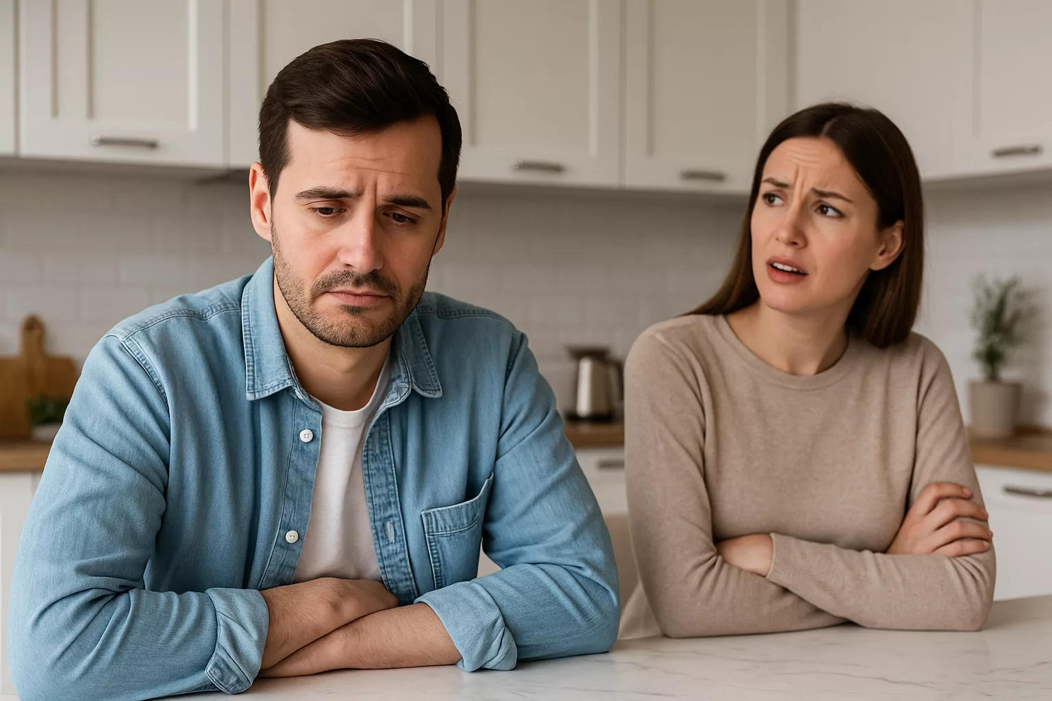 Couple en dispute dans une cuisine moderne : homme triste, femme contrariée.
