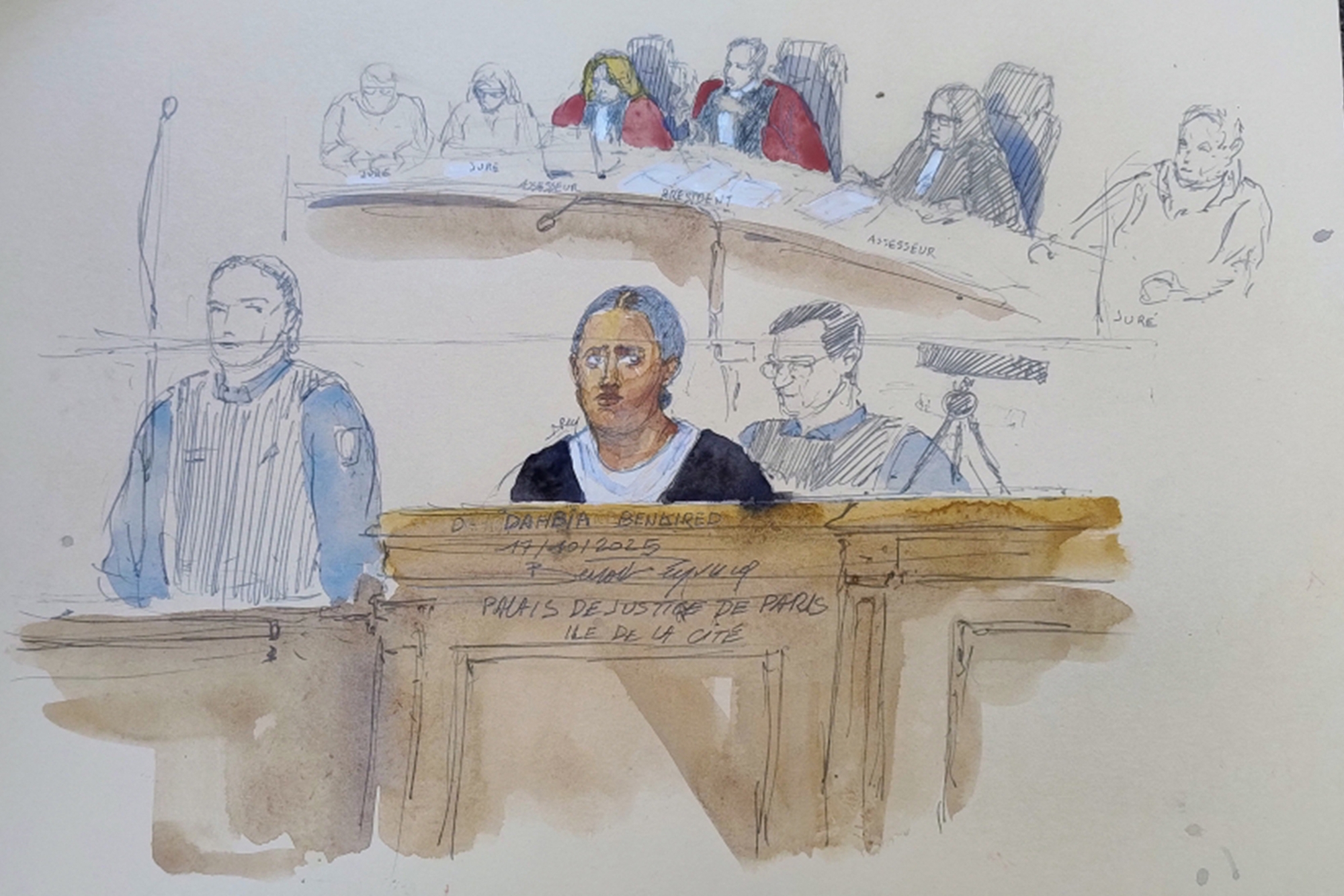 Dessin : Salle d’audience de la cour d’assises de Paris lors du procès Benkired, ambiance solennelle et drame judiciaire.
