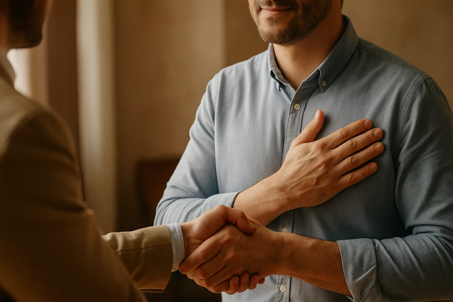 Main sur le cœur après une poignée de main : un geste de sincérité oublié ?