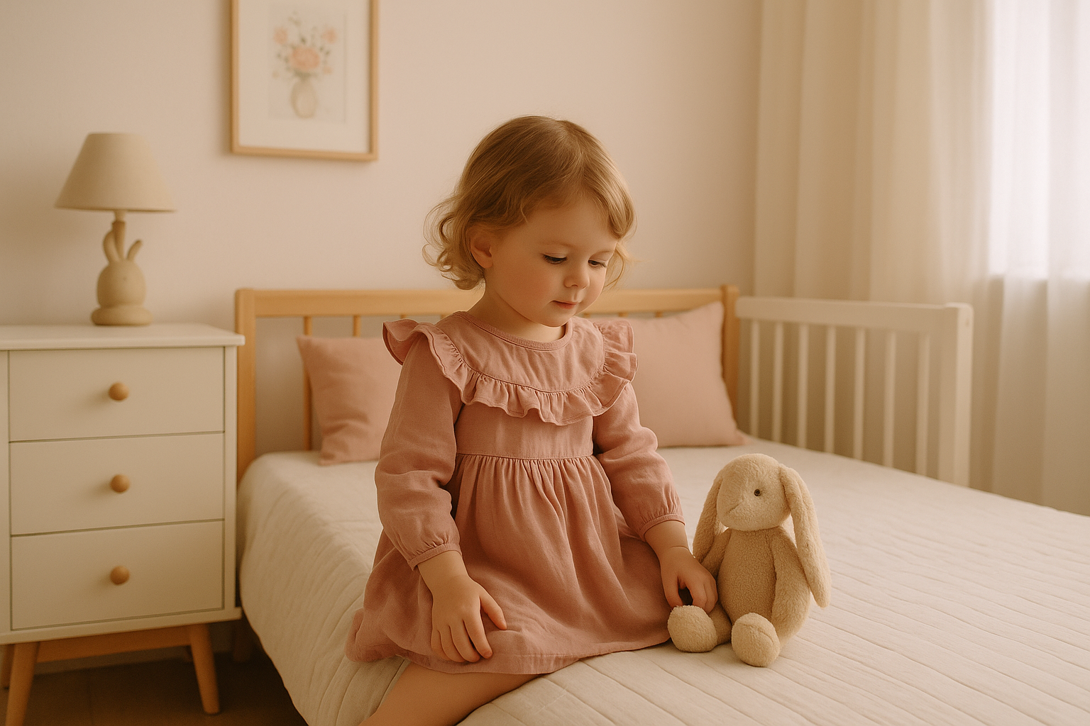 Enfant en bas âge assise sur un lit dans une chambre aux tons pastel, tenant un doudou lapin, atmosphère douce et chaleureuse.
