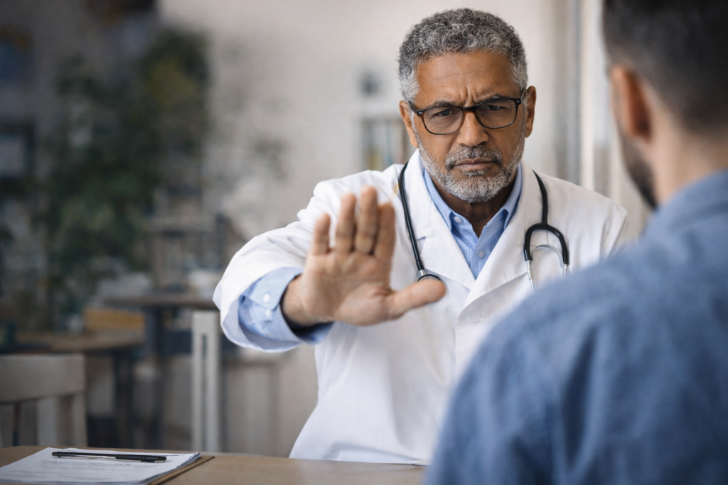 Médecin en blouse blanche faisant un geste de refus de la main face à un patient assis en consultation, dans un cabinet médical.